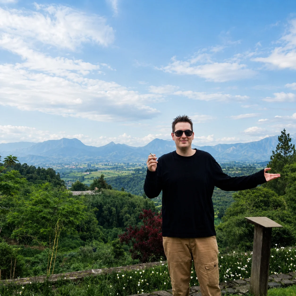 Shafaet in front of a mountain landscape